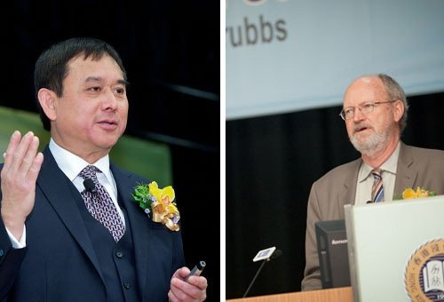 傅浩强博士（左）和Robert Grubbs教授分别就创新技术发表演说