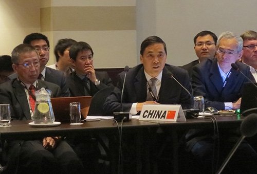 As the representative of China, Professor Lu Aiping (centre, front row) speaks at the ISO/TC249 plenary meeting