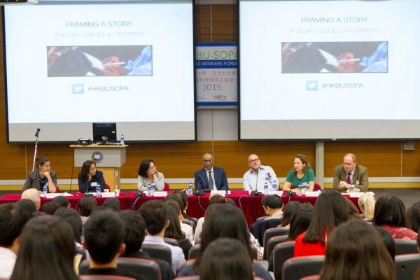 SOPA winners share their experience (from left): Ms Hannah Beech, Ms Nancy Carvajal, Ms Chen Yi-shan, forum moderator Dr Cherian George of the Department of Journalism, Mr Harry Harrison, Ms Didi Tatlow and Mr Greg Torode