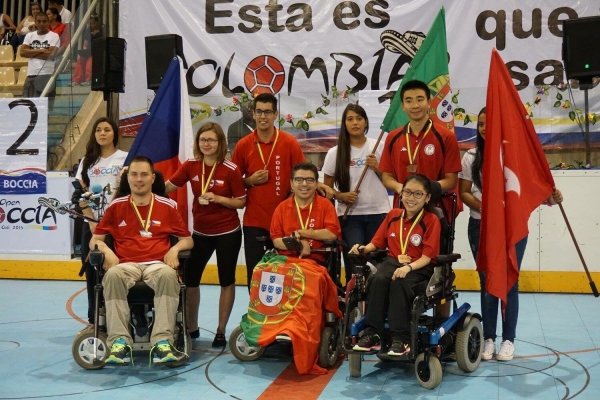 Ho Yuen-kei (front row, first from right) earns a bronze medal in World Open Boccia.