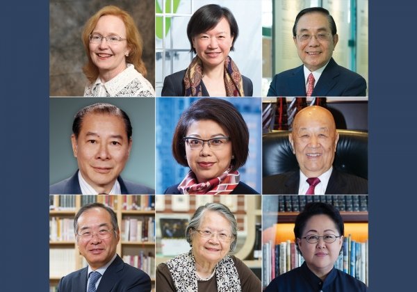 第一行左起：贾南溪博士、蔡懿德女士、林海涵博士。 第二行左起：李兆麟先生、谭允芝女士、陈守仁博士。 第三行左起：邓贵彰先生、谢吴道洁女士、黄英琦女士