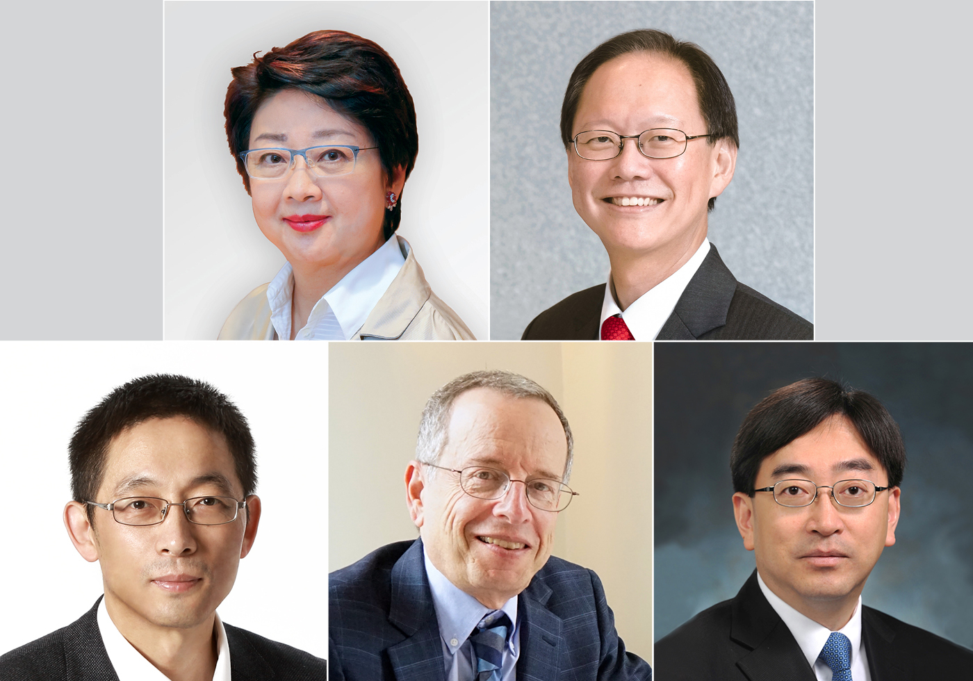 HKBU will confer honorary doctoral degrees on (clockwise from left top): Mrs Doreen Chan, Dr Philip Chen, Dr Ko Wing-man, Professor Michael Schudson, and Professor Shi Yigong