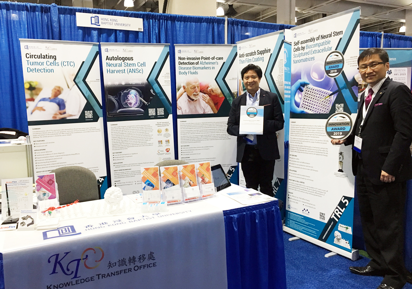 (Left) Professor Ken Yung and (right) Dr Alfred Tan, Head of Knowledge Transfer Office, showcase the HKBU invention at the TechConnect World Innovation Conference and Expo, which was held in the USA.