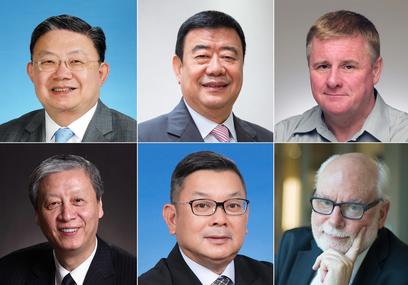 （左上起順時針方向）鄭恩基博士、廖澤雲博士、Jeremy K Nicholson教授、Fraser Stoddart爵士教授、嚴玉麟先生和鍾秉林教授
