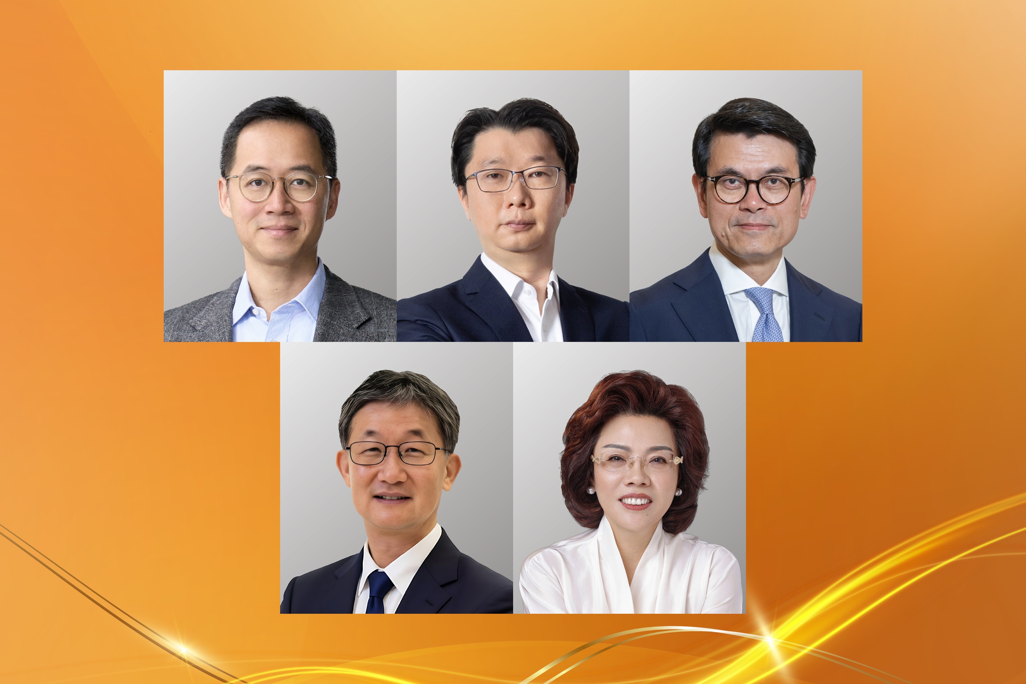 庞建贻先生（上排左）、王绍基先生（上排中）、邱腾华教授（上排右）、余国樑先生（下排左）及周春玲女士（下排右）。